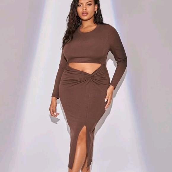 SHEIN 2XL Chocolate Brown Cut Out Twist Split Bodycon Dress - Picture 7 of 17